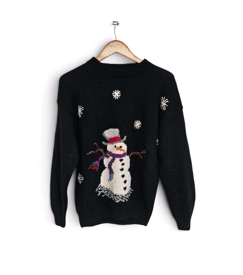 Vintage Talbots Snowman Black Wool Ugly Christmas Sweater Size Medium